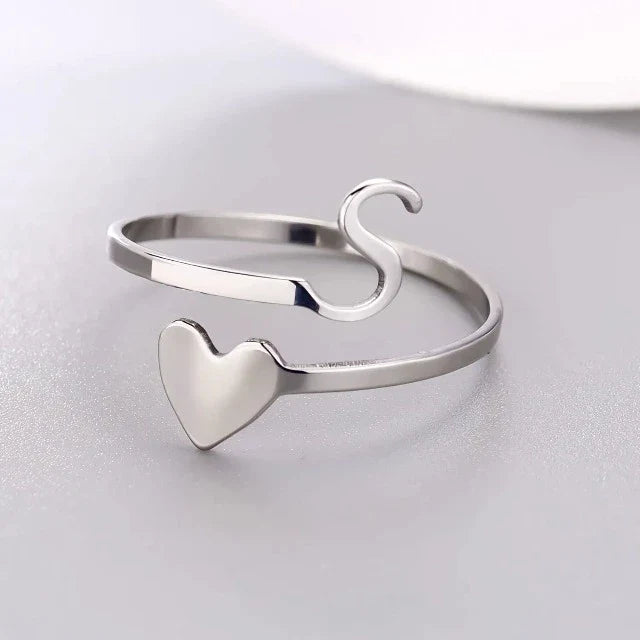 Silver Heart Initial Ring S