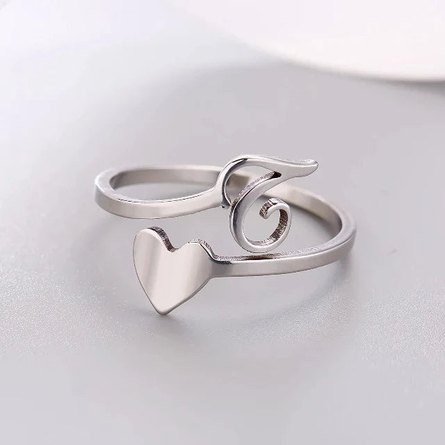 Silver Heart Initial Ring T