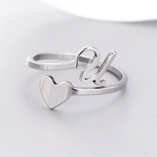 Silver Heart Initial Ring U