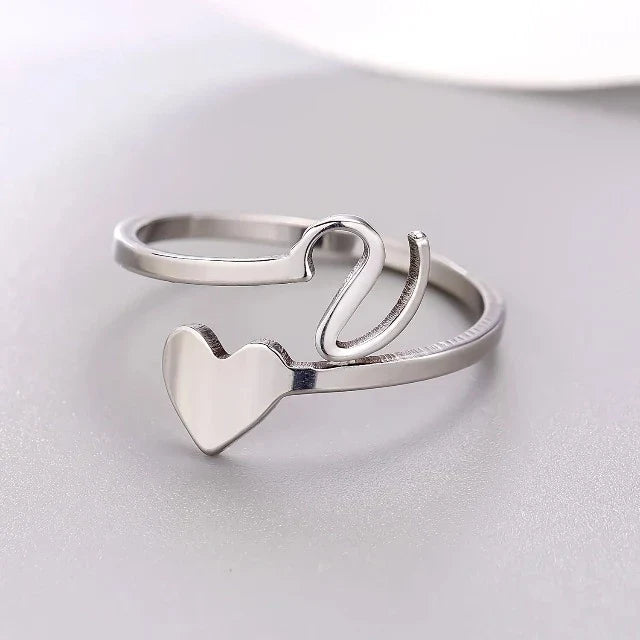 Silver Heart Initial Ring V