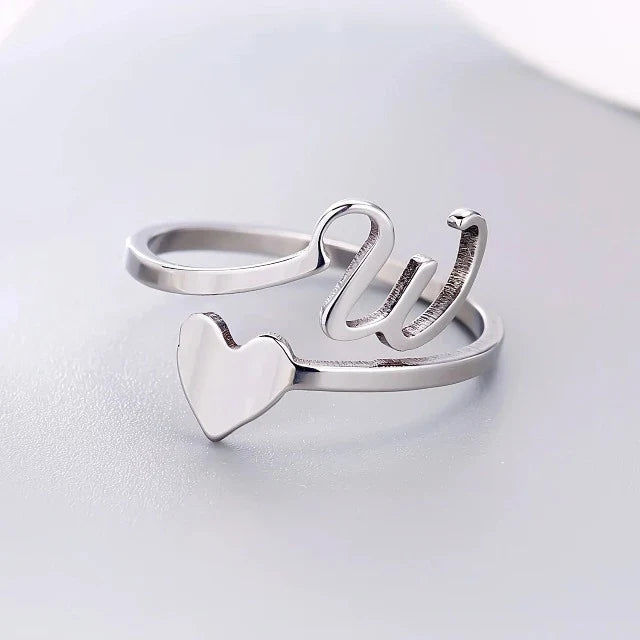 Silver Heart Initial Ring W