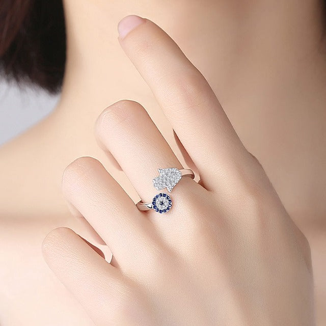 Greek Turkish Blue Evil Eye Ring Matiasma Mataki in Silver