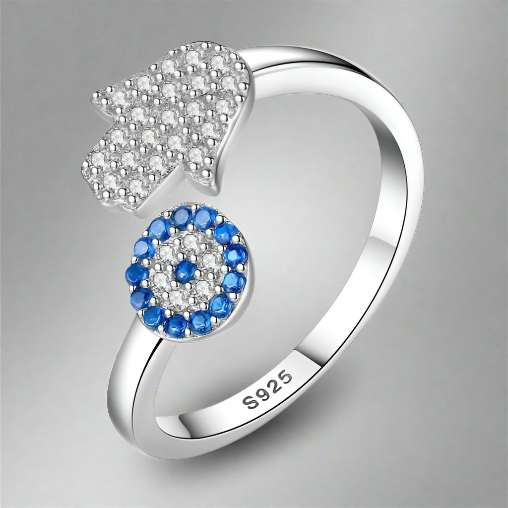 Greek Turkish Blue Evil Eye Ring Matiasma Mataki in Silver