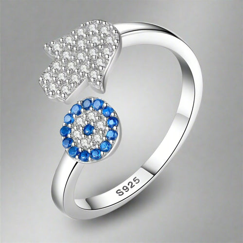 Greek Turkish Blue Evil Eye Ring Matiasma Mataki in Silver