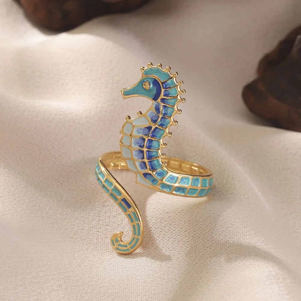 Blue seahorse shell ring