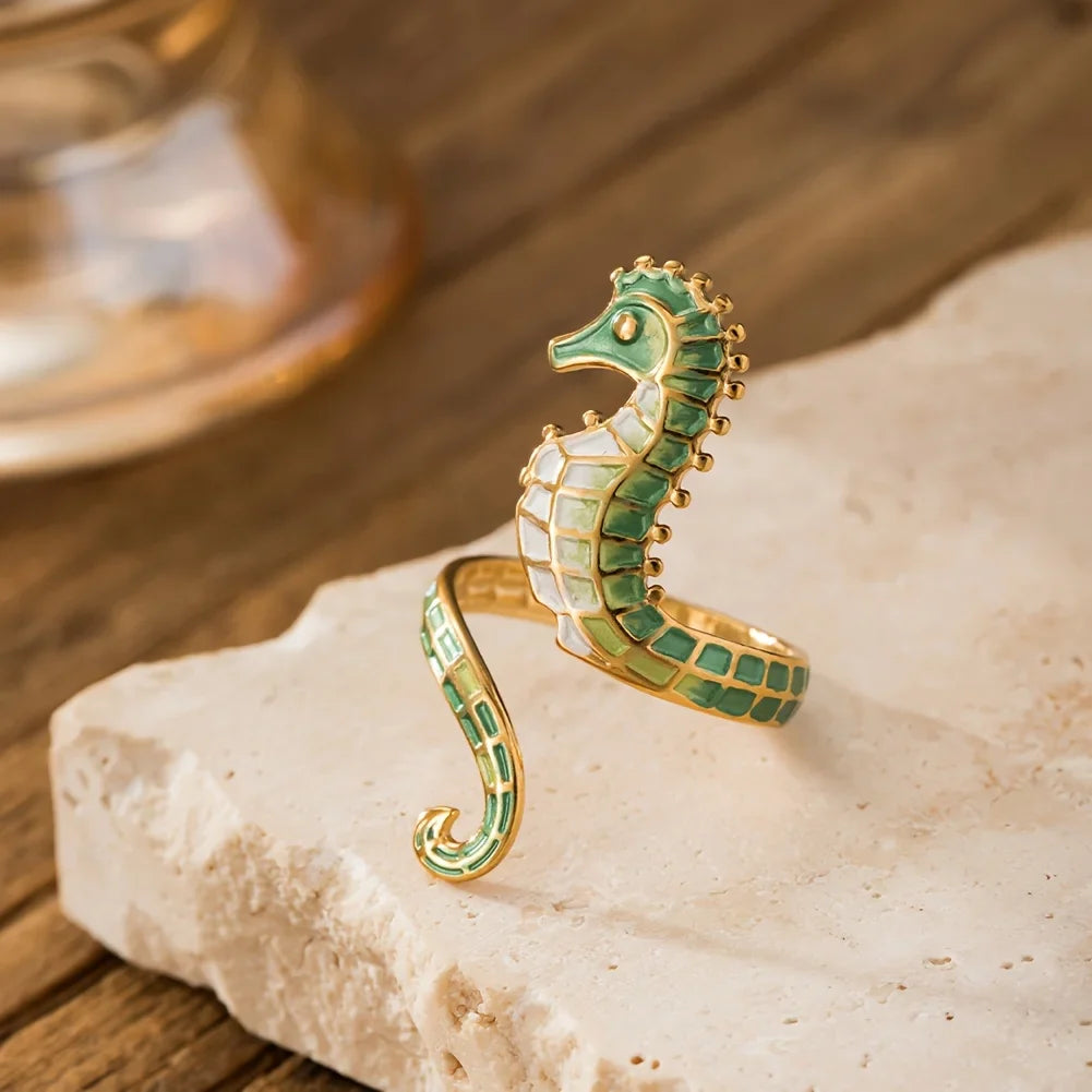 Green seahorse shell ring