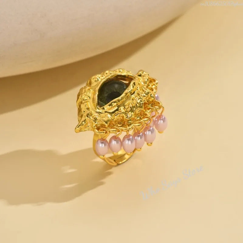 Protective Ring with Blue Eye and Gold Beads