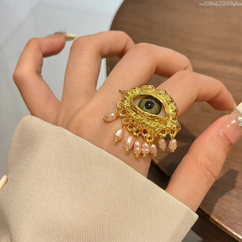 Protective Ring with Blue Eye and Gold Beads