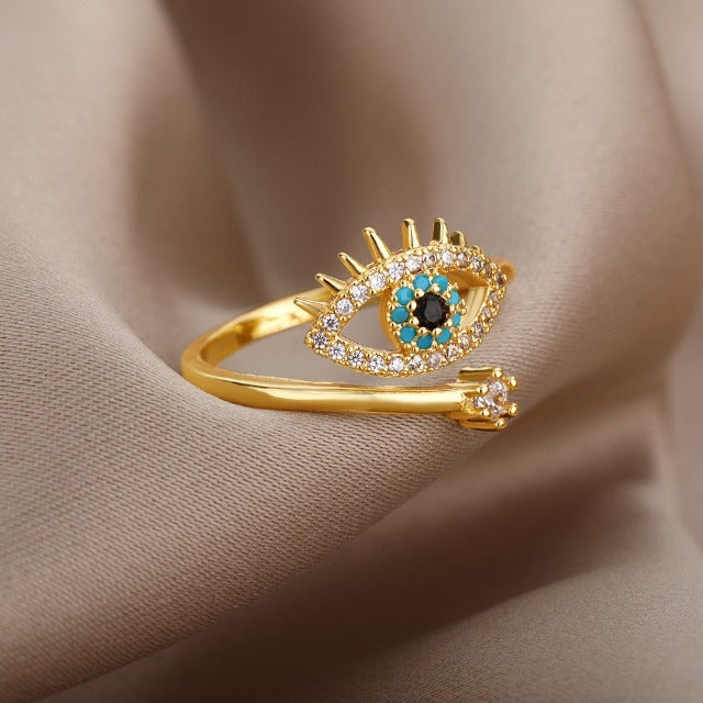 Diamond Ring against the Blue Greek Turkish Evil Eye Matiasma Mataki Gold