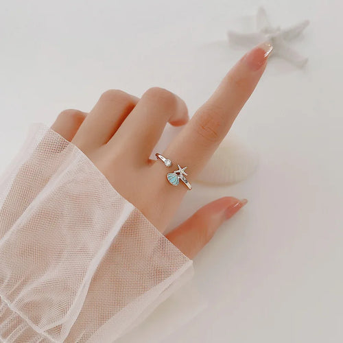 Starfish, Scallop Shell and Zircon Seashell Ring in Silver