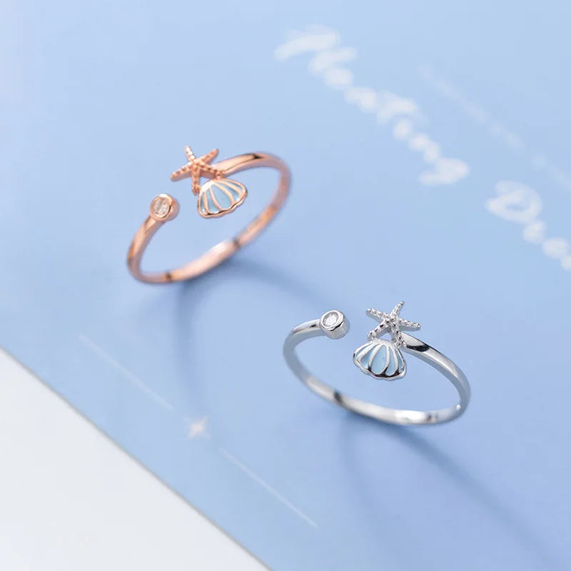 Starfish, Scallop Shell and Zircon Seashell Ring in Rose Gold