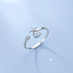 Starfish, Scallop Shell and Zircon Seashell Ring in Silver