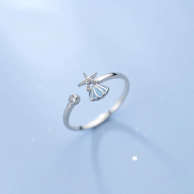 Starfish, Scallop Shell and Zircon Seashell Ring in Silver