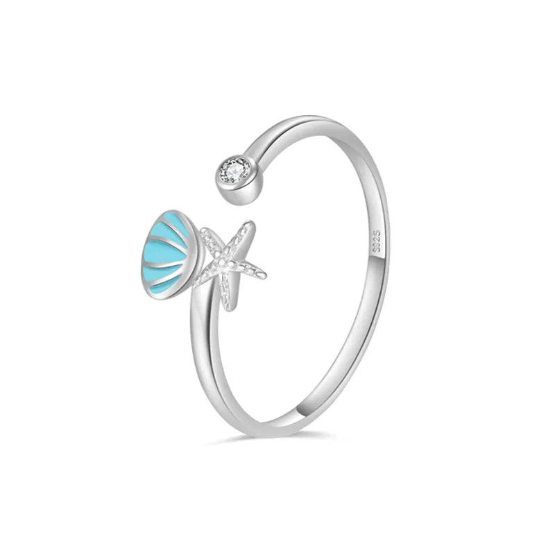 Starfish, Scallop Shell and Zircon Seashell Ring in Silver