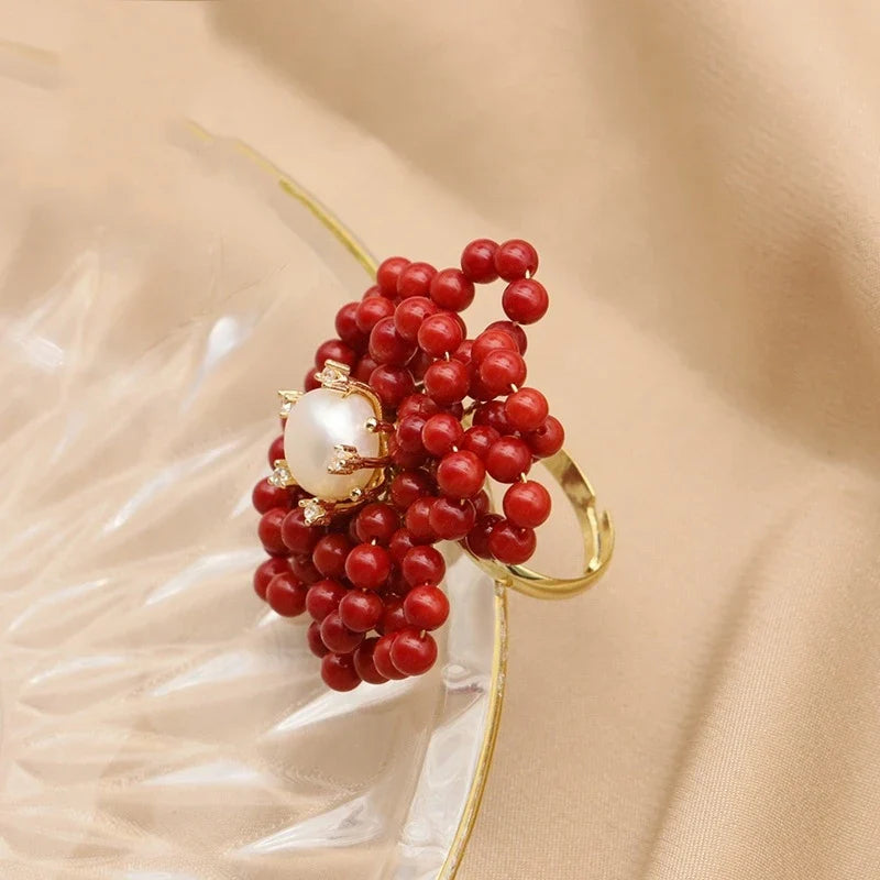 Coral Flower Ring with Pearls