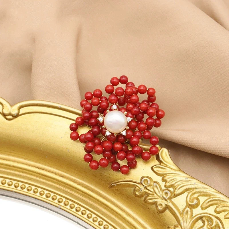 Coral Flower Ring with Pearls