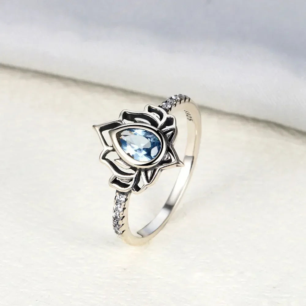 Lotus Flower Ring Silver Women blue