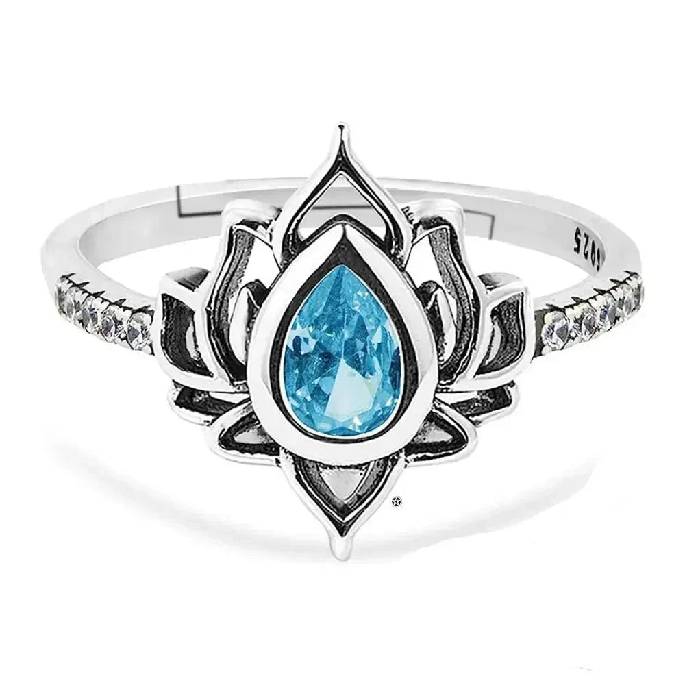 Lotus Flower Ring Silver Women blue