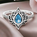 Lotus Flower Ring Silver Women blue