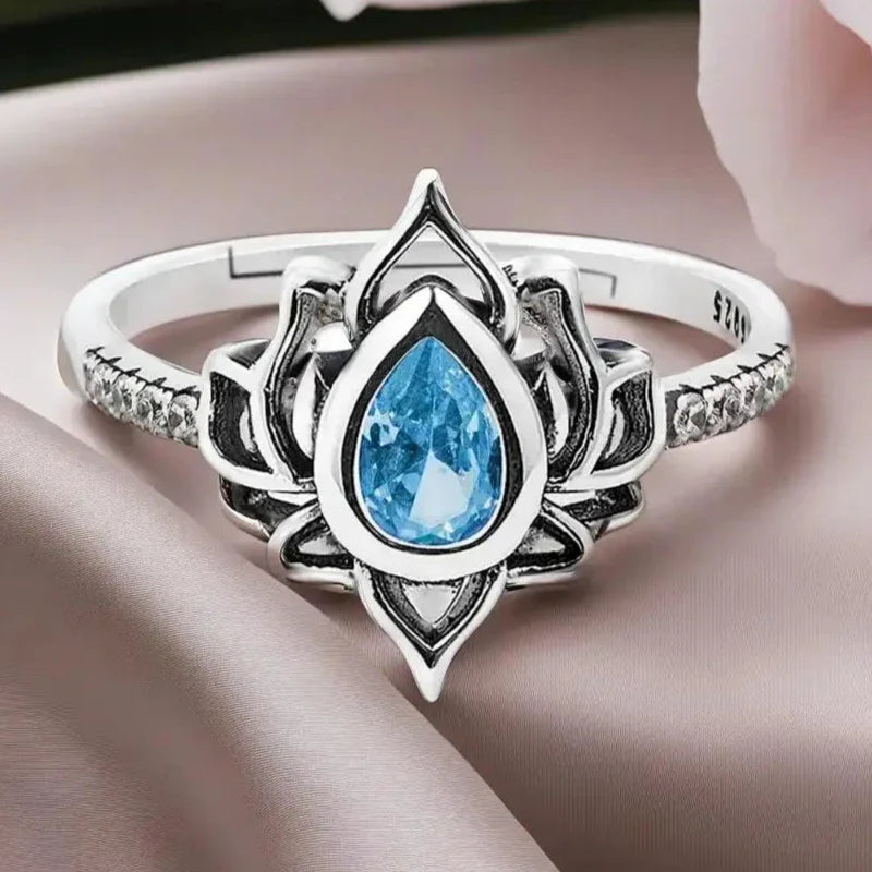 Lotus Flower Ring Silver Women blue