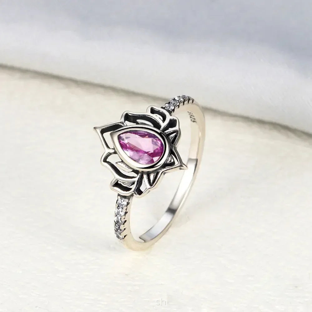 Lotus Flower Ring Silver Women pink
