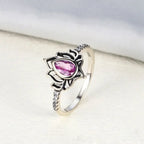 Lotus Flower Ring Silver Women pink