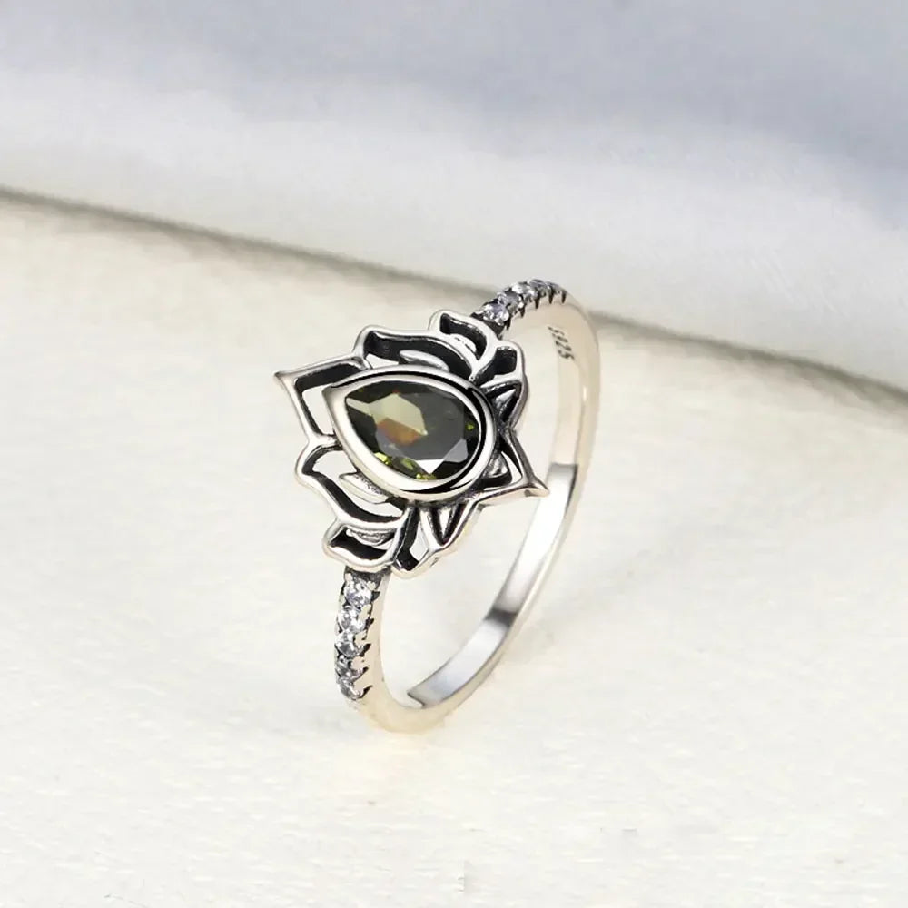 Lotus Flower Ring Silver Women green