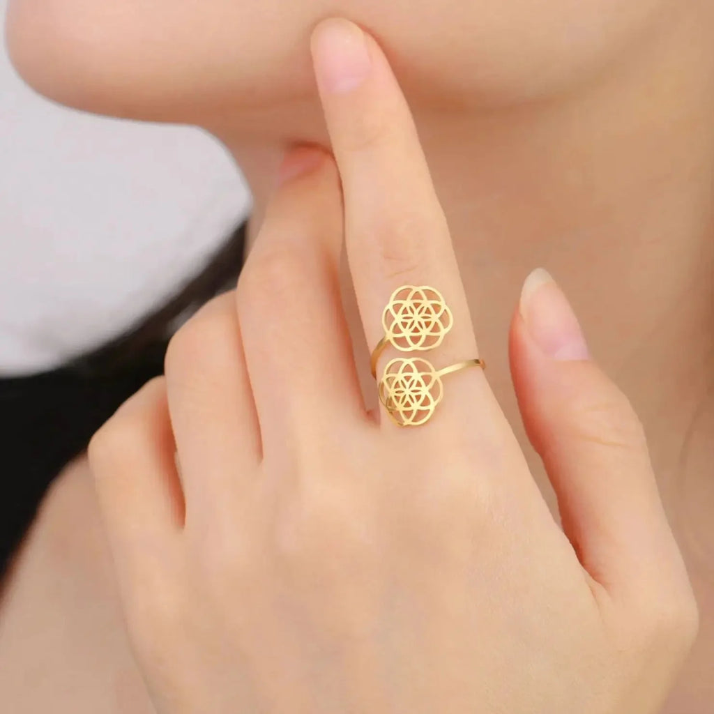 Women's Seed of Life Mandala Flower Ring in Gold
