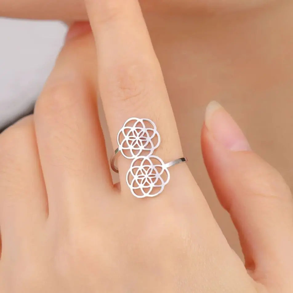 Women's Seed of Life Mandala Flower Ring in Silver