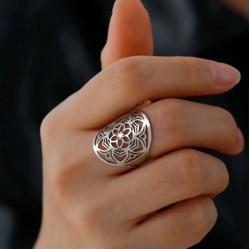 Mandala Ring for Women Flower Ring silver