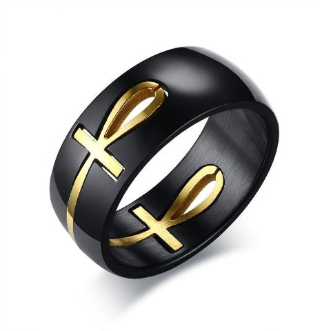 Egyptian Cross Motif Ring black and gold