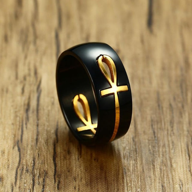 Egyptian Cross Motif Ring black and gold