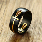 Egyptian Cross Motif Ring Black and Gold