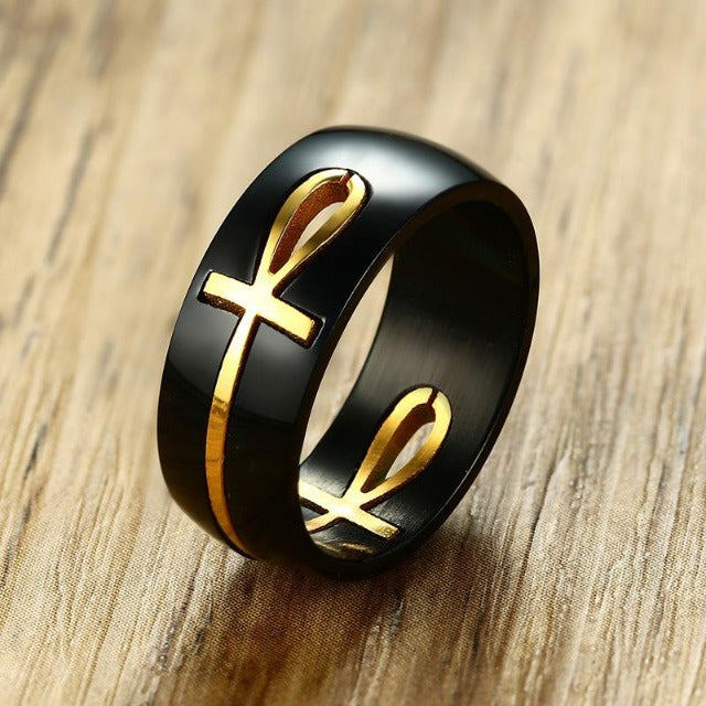 Egyptian Cross Motif Ring Black and Gold