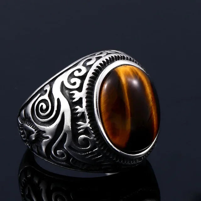 Tiger's Eye Men's Ring Decorated Silver