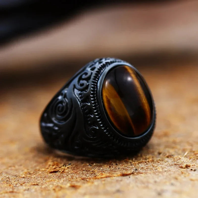 Tiger's Eye Men's Ring Decorated Black