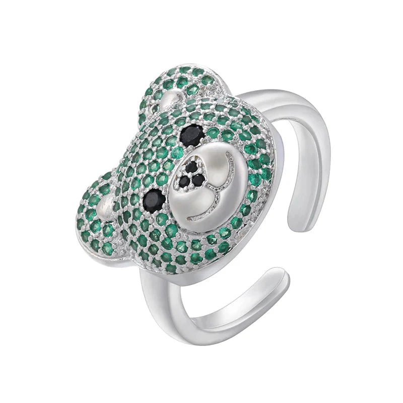 Stone Bear Ring Silver And Green
