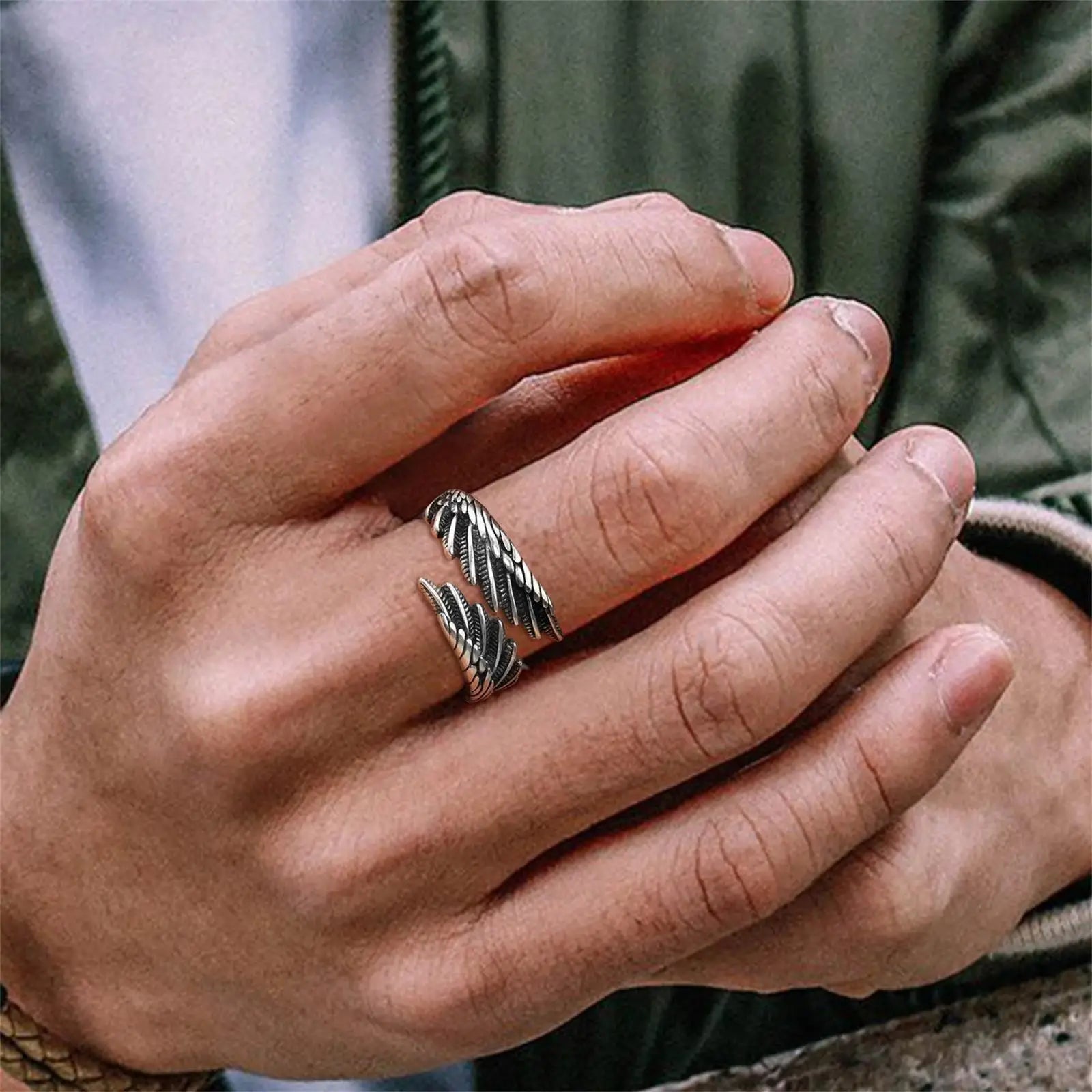 Silver feather ring for men