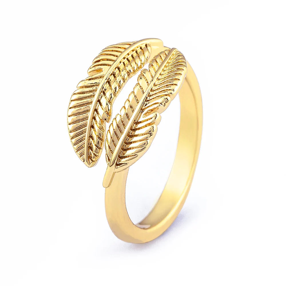 Gold-plated chiseled feather ring