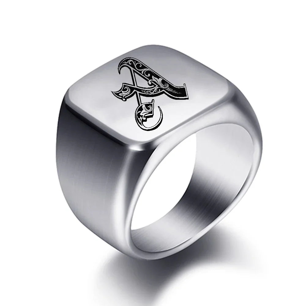 Wide men's signet ring initial a