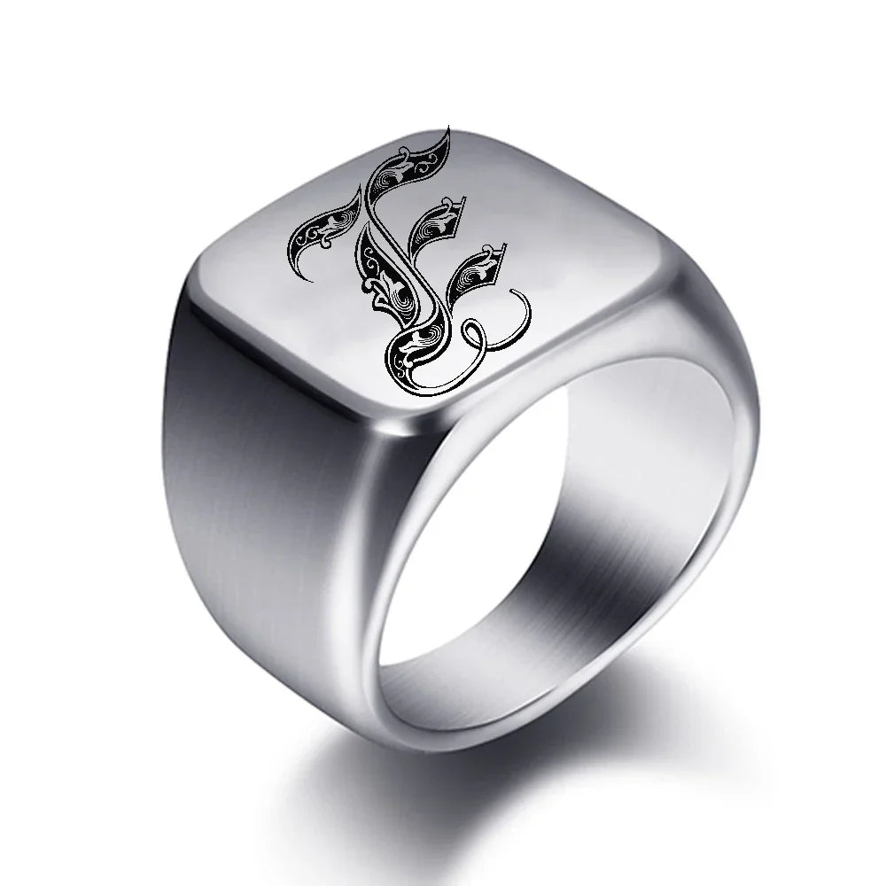 Wide men's signet ring initial e