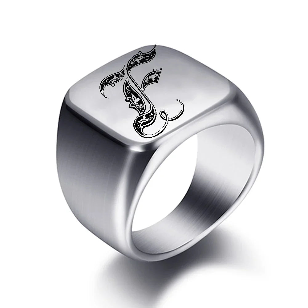 Wide men's signet ring initial f