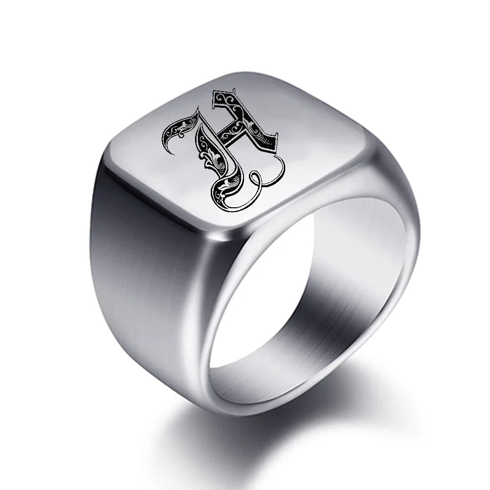 Wide men's signet ring initial h