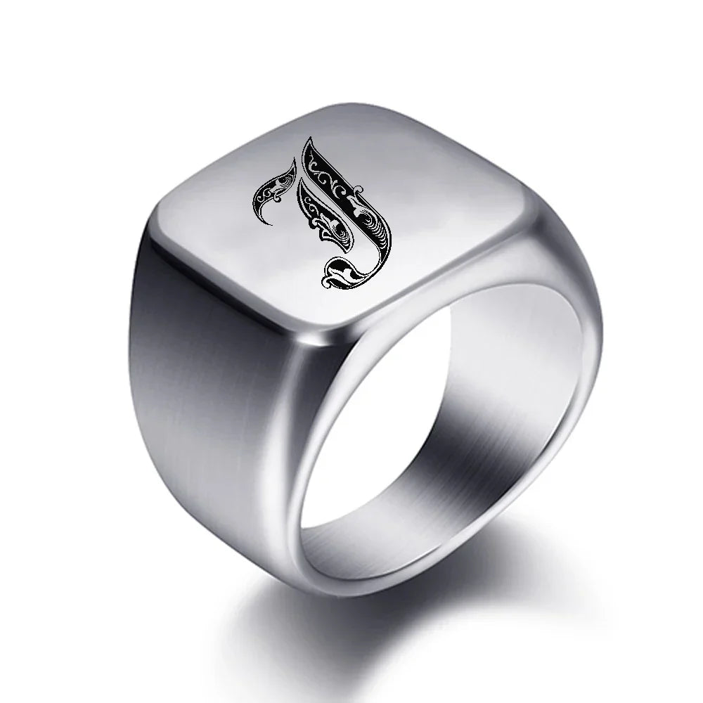 Wide men's signet ring initial j