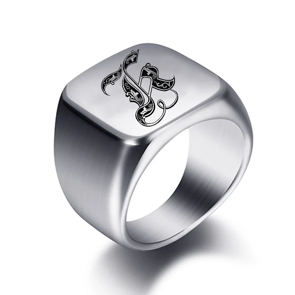 Wide men's signet ring initial j