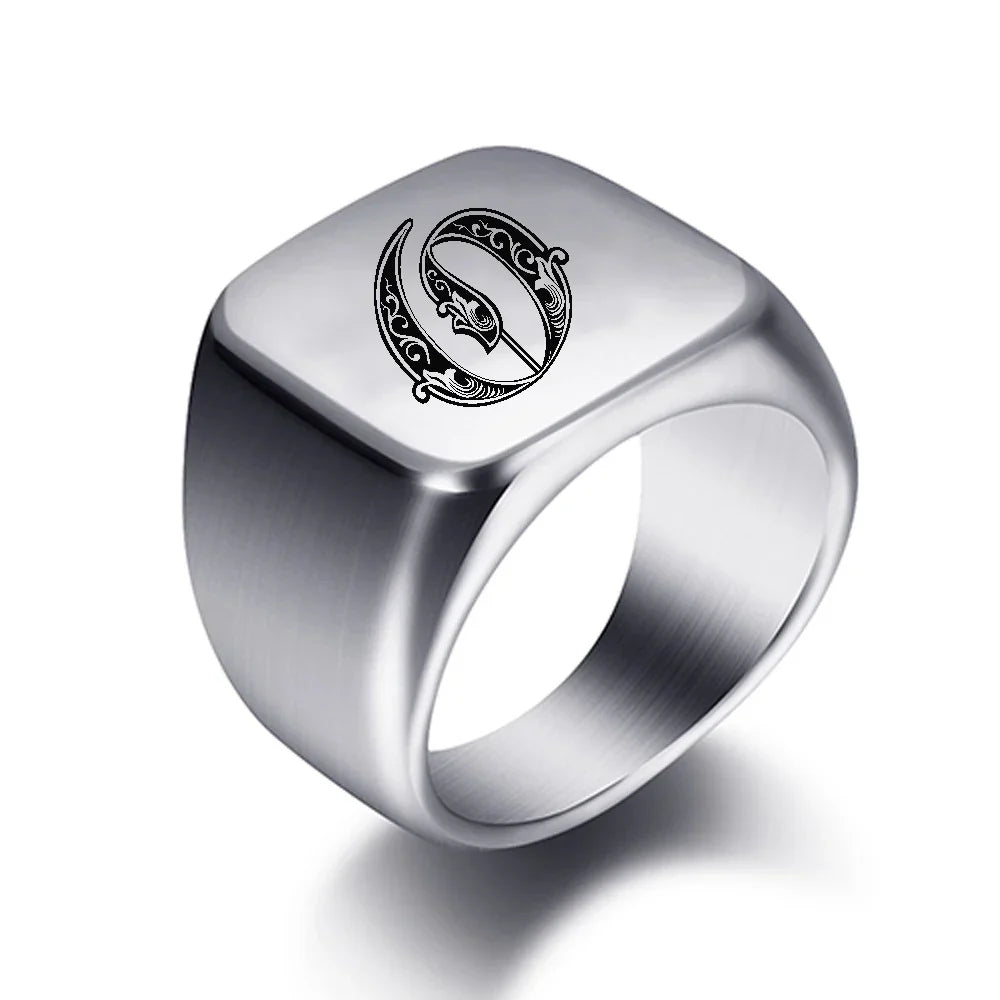 Wide men's signet ring initial o