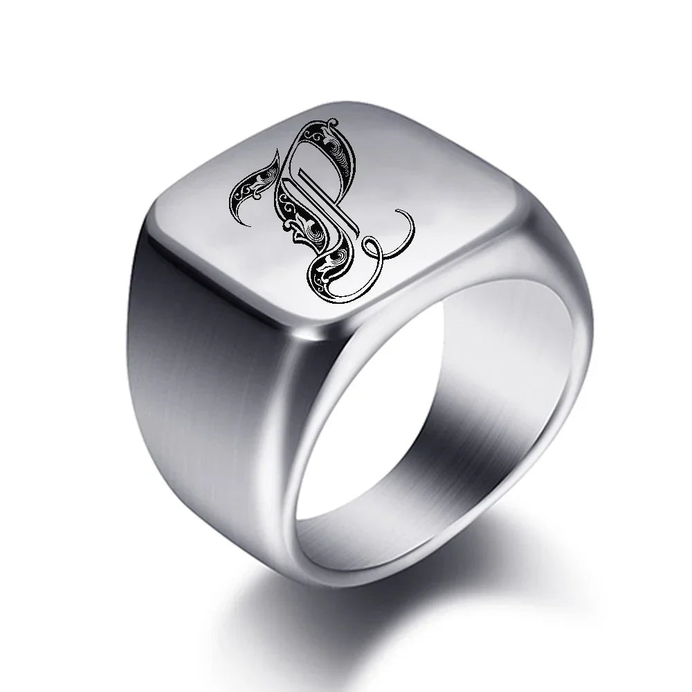 Wide men's signet ring initial p