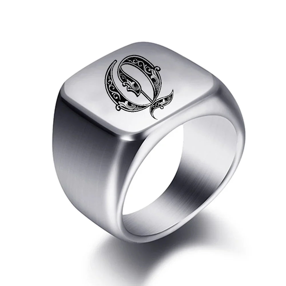 Wide men's signet ring initial q