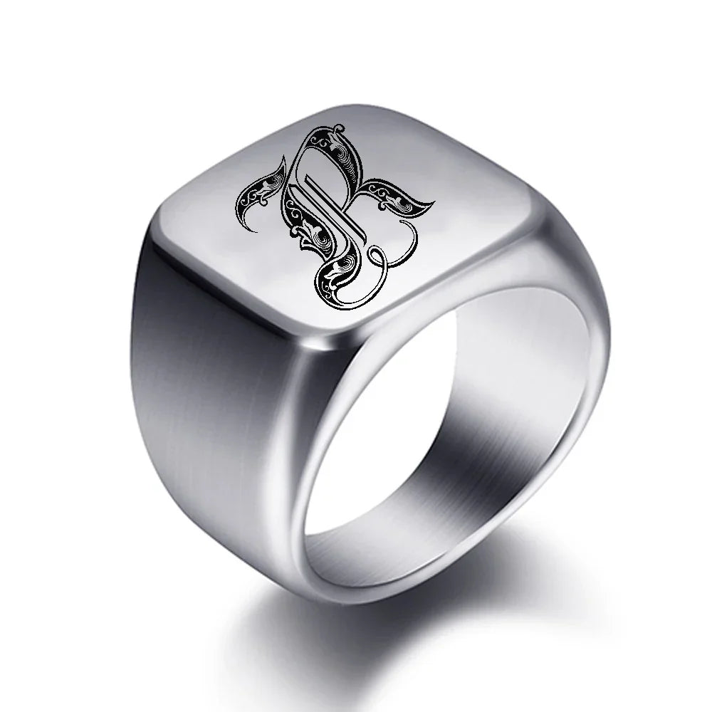 Wide men's signet ring initial r