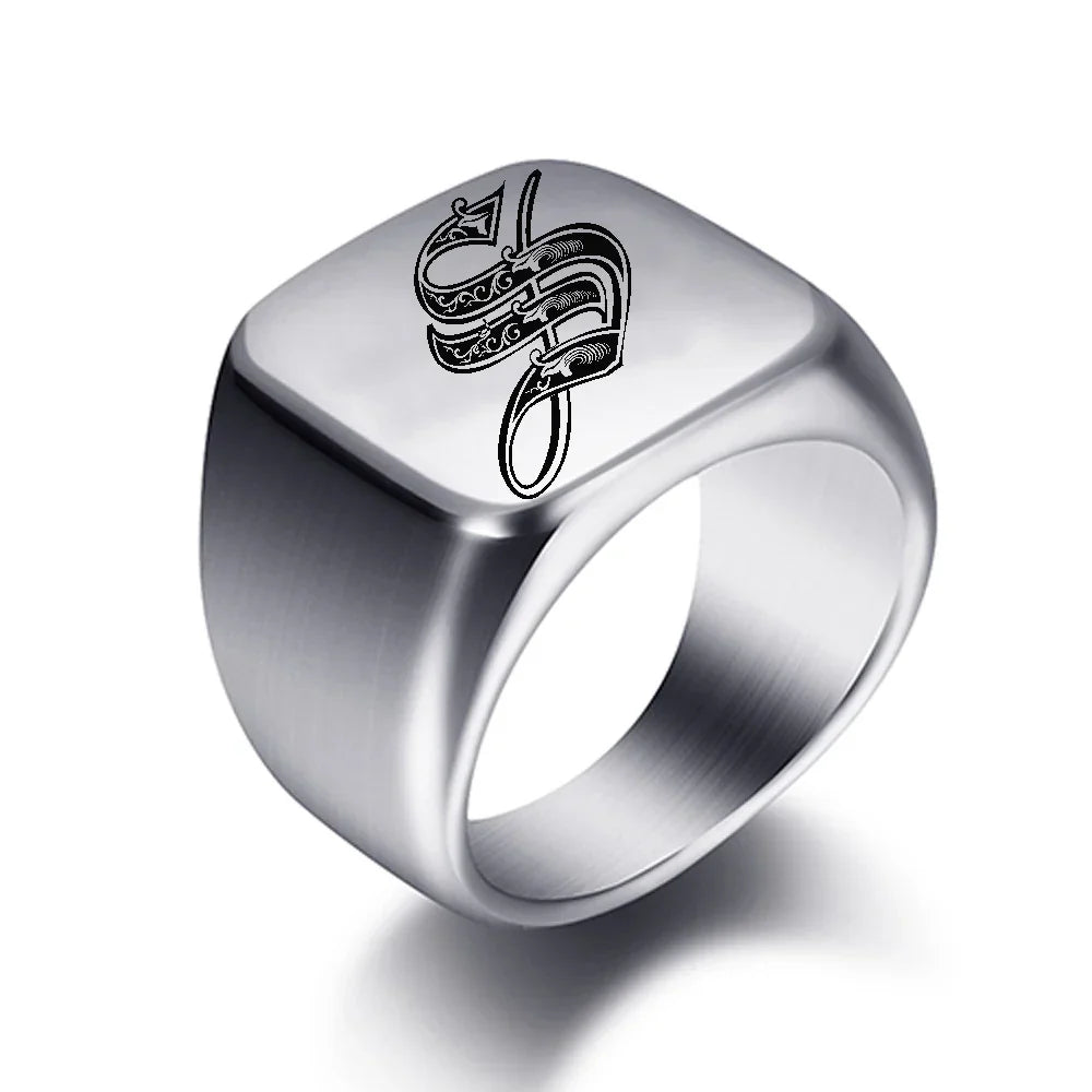 Wide men's signet ring initial w
